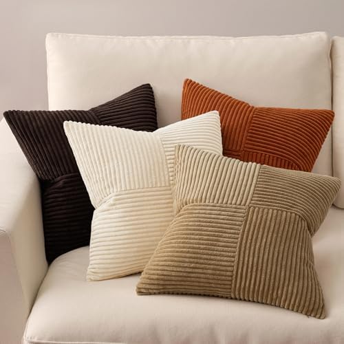 MIULEE Brown Beige Throw Pillow Covers 18x18 Inch Set of 4 Boho Farmhouse Cushion Cases for Livingroom Couch Bed Soft Corduroy Pillow Cases with Invisible Zipper Home Decor - Image 3