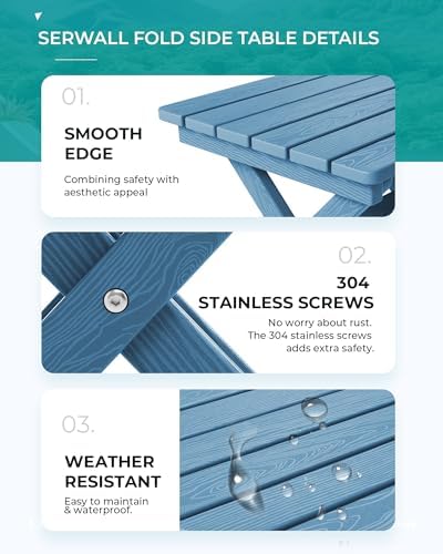 SERWALL Small Folding Side Table, HDPE Outdoor End Table, Navy - Image 6