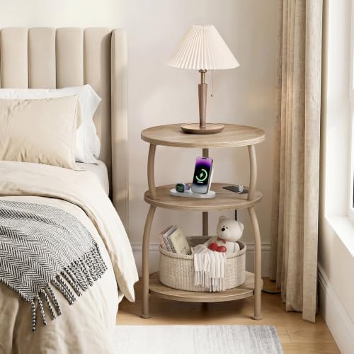 Round Side Table with Power Outlet, USB Type C Port, 3-Tier End Table - Image 5