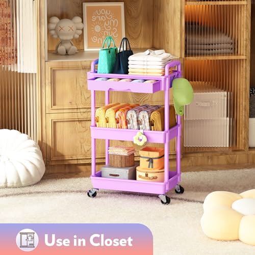 SUNALLY Makeup Cart Organizer with Drawer,3 Tier Rolling Makeup Cart,Purple - Image 6