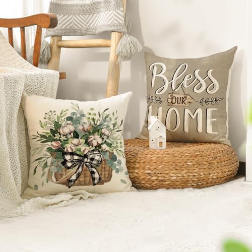 AVOIN colorlife Bless Our Home Farmhouse Eucalyptus Leaves Throw Pillow Covers, 18 x 18 Inch Truck Home Sweet Home Cushion Case Decorations Set of 4 - Image 5
