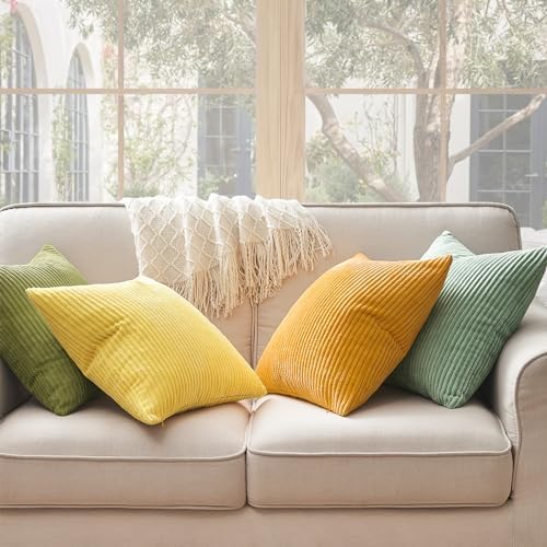 Topfinel Euro Shams Decorative Throw Pillow Covers 26x26 Inch Set of 4,Oversized Large Cushion Cases for Couch Sofa,Living Room,Corduroy Yellow Green Summer Home Decor - Image 3
