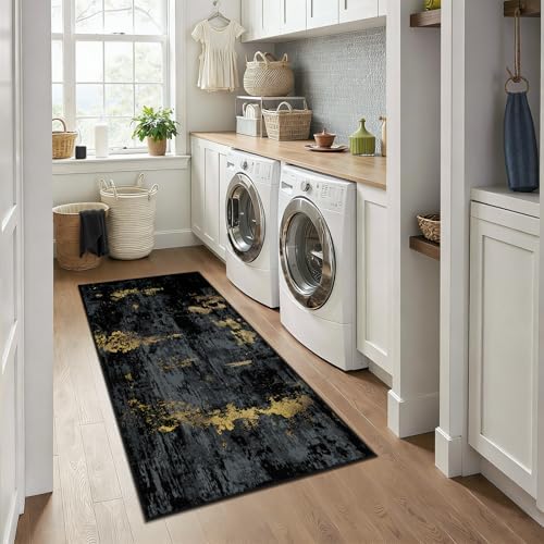 RELEANY Washable Runner 3'x6' Abstract Area Rug for Hallway Black Gold - Image 2
