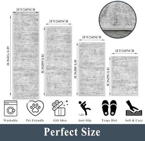 Washable Kitchen Rugs Sets of 4, Non Slip Standing Mat Rug, Stain Resistant Waterproof Kitchen Mats for Floor Kitchen Sink Laundry Entryway (Grey Ivory, 2x3+2x4+2x5+2x6) - Image 2