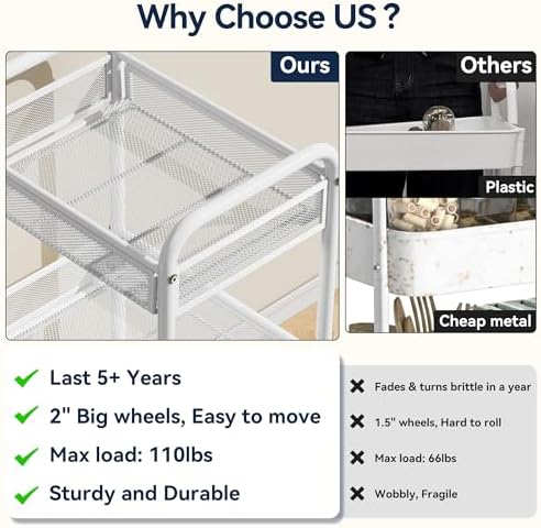 YASONIC 3 Tier Metal Rolling Cart, White Utility Storage Cart with Wheels - Image 3