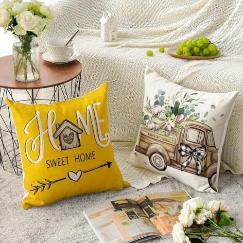 AVOIN colorlife Bless Our Home Farmhouse Eucalyptus Leaves Throw Pillow Covers, 18 x 18 Inch Truck Home Sweet Cushion Case Decorations Set of 4 - Image 4