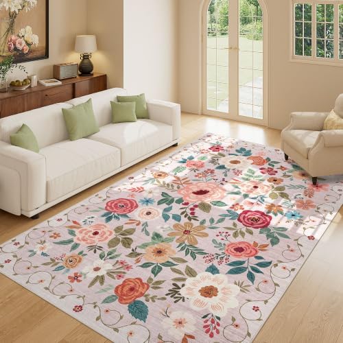 DUKINO 5x8 Area Rug for Bedroom, Soft Floral Washable Rug Non Slip, Beige - Image 7