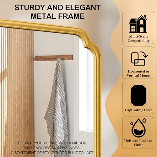 Ferytange 26"x40" Rustproof Bathroom Mirror Gold, Round Corner Metal Frame Wall Mirror, Horizontal/Vertical Hanging Over Sink, Bedroom Bathroom Decor - Image 5