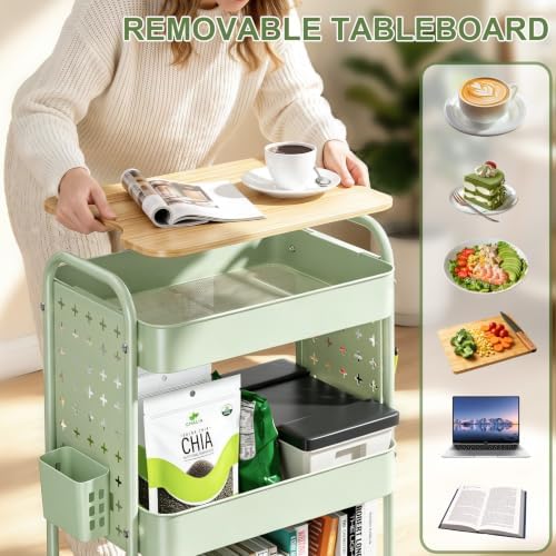 3 Tier Rolling Cart with Table top, Metal Utility Cart with DIY Pegboard - Image 4