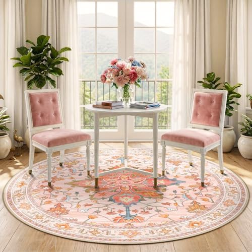 RELEANY Washable Area Rug, Round 5ft, Pink/Light Pink/Colorful - Image 3