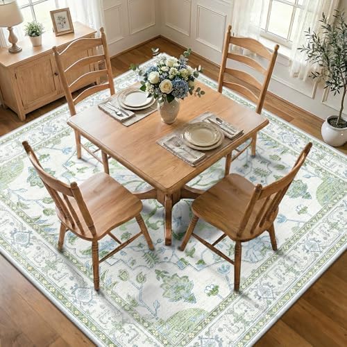 RELEANY Washable Area Rug, Square 7'x7', Green/White/Blue by RELEANY