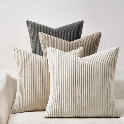 Topfinel 4 Packs Natural Decorative Throw Pillows Covers 22x22 Inch for Living Room Couch Bed Sofa, Rustic Farmhouse Boho Neutral Home Decor, Soft Plush Striped Corduroy Square Cushion Case 40x40 cm by Topfinel