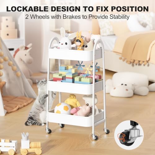 EAGMAK 3 Tier Rolling Cart Under Desk, Large Metal Storage Cart with Handle and Lockable Wheels, Big Multifunctional Storage Organizer Trolley for Kitchen, Living Room, Office, Garage (White) - Image 5