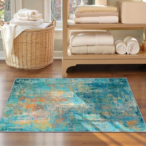 RELEANY Washable 2'x3' Abstract Area Rug for Living Room Teal Multi - Image 3