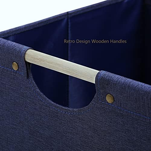 HOONEX Large Foldable Storage Bins, Linen Fabric, Pack of 2, Storage Baskets with Wooden Carry Handles and Sturdy Heavy Cardboard, for Home, Office, Car, Nursery, Blue - Image 5