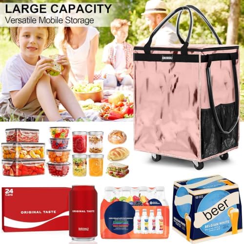 (Medium,Rose Gold) Reusable Grocery Bag on Wheels, Foldable Rolling Tote - Image 4