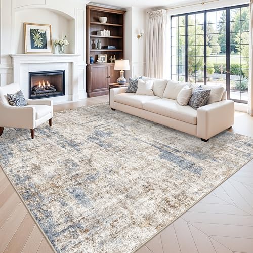12x12ft Square Living Room Rug – Non-Slip Washable Extra Large Floor Carpet for Bedroom, Dining Room, Playroom Room – Modern Abstract Neutral Thin Low-Pile Oversized Indoor Rug (Blue Brown) by ZHXXUJ
