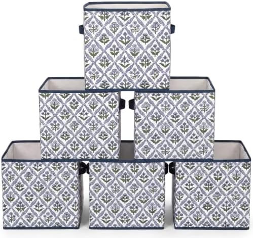 Bokon 6 Pcs 11'' Green Blue Block Print Storage Bins Cube with Handles by Bokon