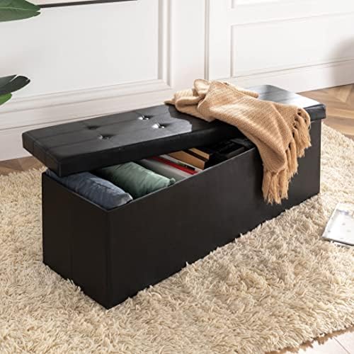 Otto & Ben Folding Chest with Memory Foam Seat Tufted Faux Leather Trunk Bedroom Ottomans Bench End Table, 45 Inch, Black - Image 2