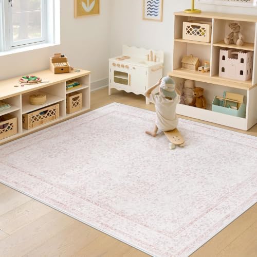 6x9 Area Rugs for Living Room: Washable Vintage Floral Rug Low Pile Non-Slip Boho Carpet for Nursery Bedroom Dining Room (Pink, 6'x9') - Image 4