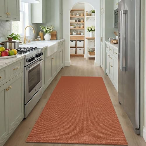 KOZYFLY Orange Washable 4x5 Entry Woven Area Rug, Braided Throw Rugs for Entryway, Non Slip Door Mat Indoor Entrance, Flatweave Carpet for Foyer, Bedroom, Dining, Office, Burnt Orange/Tan - Image 2