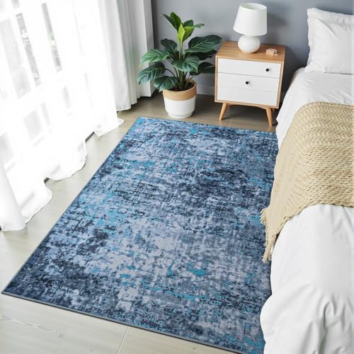 Modern Abstract 3x5 Rug, Non Slip Entryway Rug, Soft Machine Washable Rugs for Indoor Entry, Low Pile Stain Resistant Distressed Rug for Living Room, Bedroom, Blue - Image 3