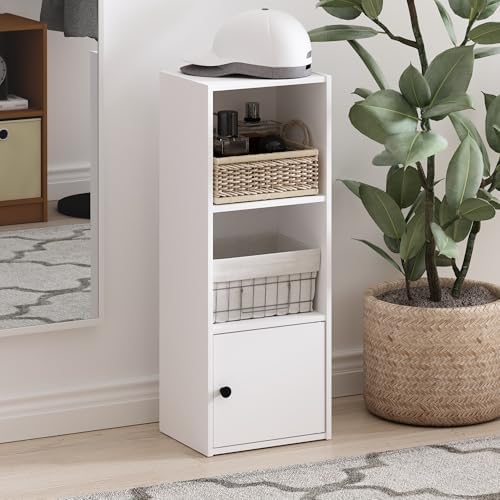 Furinno LUDER Book Shelf, 3-Tier Modern Bookshelf, Bookcase with 1 Door Storage Cabinet, 9.3 x 12 x 31.5, for Organization and Storage, for Living Room, Bedroom, Home Office, White - Image 2