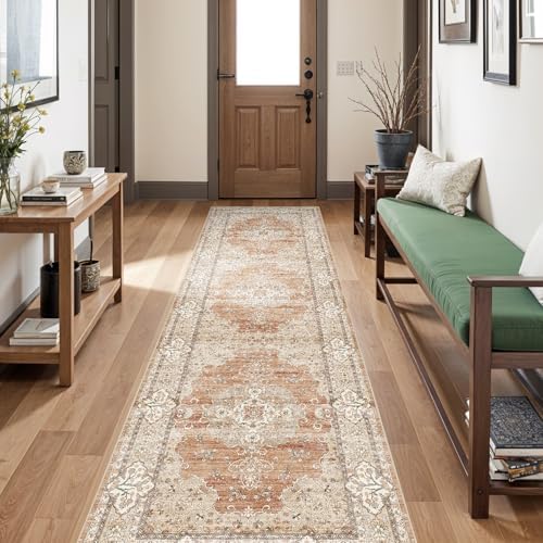 3x10 Washable Hallway Runner Rug - Non-Slip Vintage Rugs Terracotta Beige - Image 3