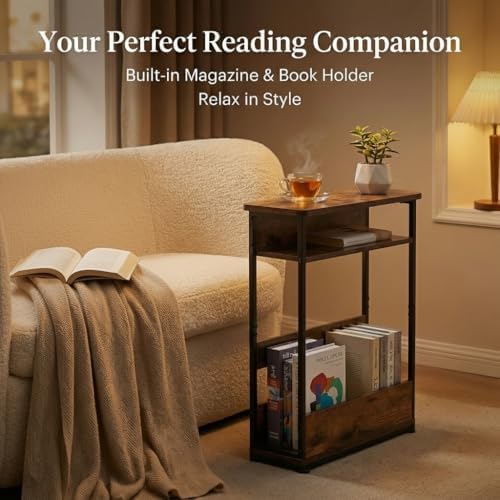 YEAKOO Narrow Side Table,3-Tier End Table with Storage Shelf,Modern Sofa Table Thin Side Table for Narrow and Small Spaces, Skinny Bedside Table Small Nightstand with Magazine Rack Space Saving/Brown - Image 4