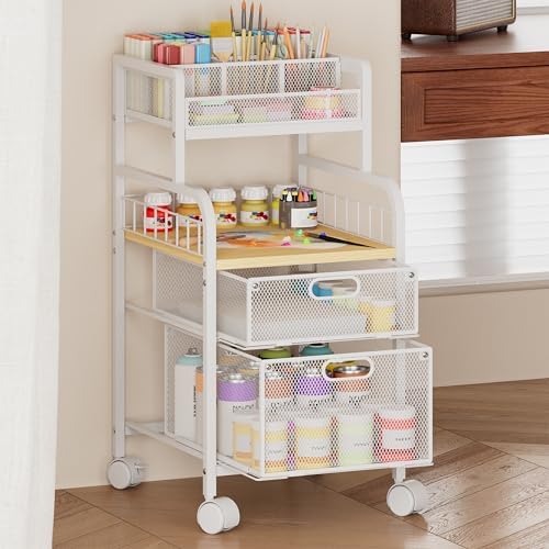 SWTYMIKI Rolling Cart with Drawers - Metal Craft Cart with Wheels, DIY Divider and Wood Shelf, Art Supply Organizer for Under Desk Storage, Utility Storage Cart for Home Office Studio, White - Image 2