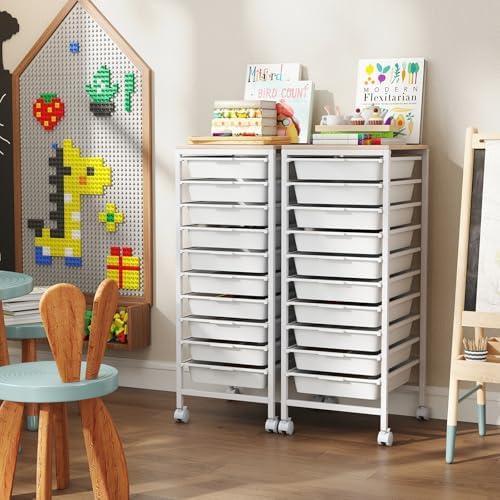 Giantex Rolling Storage Cart with 10 Drawers, Utility Cart w/Wooden Tabletop, Lockable Wheels, Multipurpose Organizer for Art Craft Books Paper, Drawer Carts for Dorm Classroom Office, White - Image 2