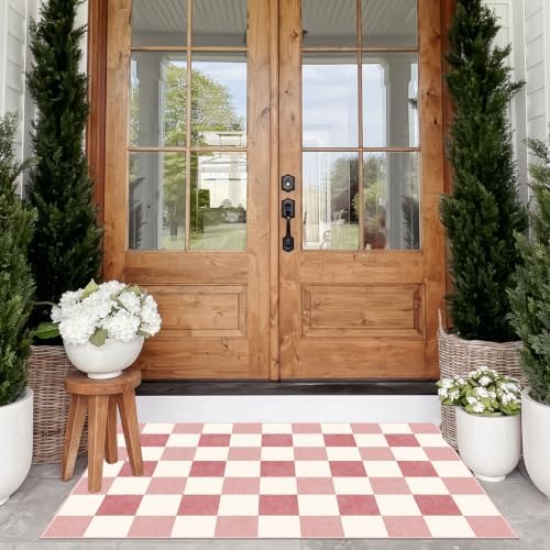 Pink White Checkered Rug, 28"x43" Doormat Indoor Outdoor Entrance - Image 4