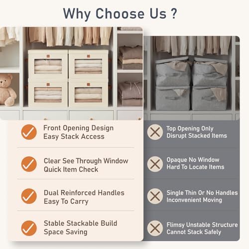 DIMJ Storage Bins with Lids - 6 Pack Front Opening Stackable Fabric Storage Boxes with Clear Window & Handles, Collapsible Closet Organizers for Clothes, Sweaters, Shelf Storage, Bedroom, Beige - Image 3