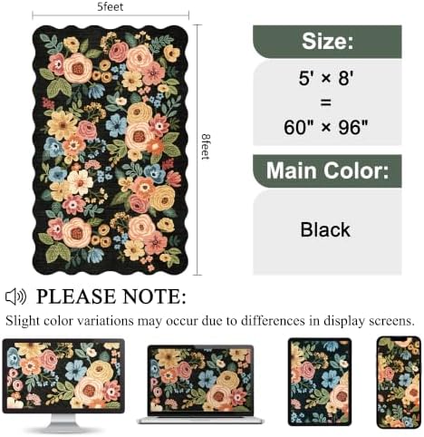 DUKINO 5x8 Washable Area Rug, Soft Floral Living Room Rug Non Slip, Black - Image 2