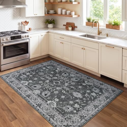 Hanples 3x5 Washable Rugs for Entryway, Vintage Floral Door Mat, Gray - Image 5