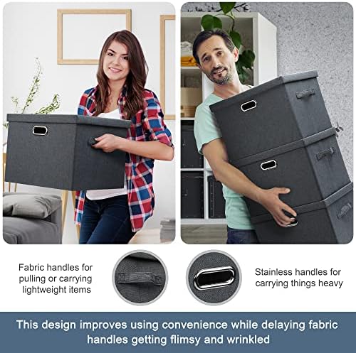 Graciadeco Medium 15" 21 Quart Collapsible Stackable Storage Bins with Lids, 3 Packs Dark Grey Foldable Fabric Closet Boxes Heavy-duty Linen Cube Baskets Container for Bedroom Office (15 x 11 x 8) - Image 5