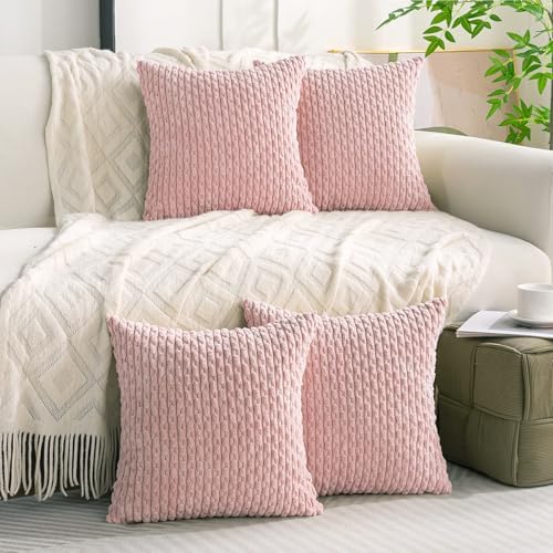 Set of 4 Light Pink Decorative Throw Pillow Covers 18x18 Inch Corduroy Pillow Covers for Bed Couch Sofa Living Room Soft Square Cushion Cases - Image 7