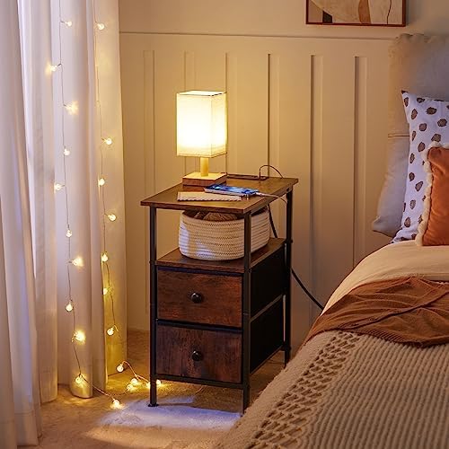 HOOBRO End Table with Charging Station, Narrow Side Table, Nightstand with 2 Non-Woven Drawers, Slim Sofa Side Table, for Small Spaces, Living Room, Bedroom, Rustic Brown and Black BF486UBZ01 - Image 4