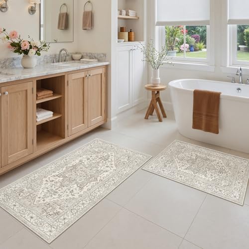 Madane 2-Piece Area Rugs Set, Small Kitchen Runner Non-Slip, Beige/Brown - Image 3