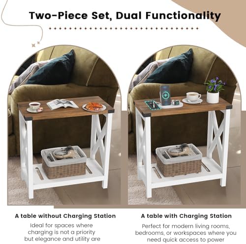 Hadulcet Farmhouse End Tables Living Room Set of 2, Narrow Side Table with Charging Station, Slim Nightstand for Small Space, Skinny Bedside Table, Sofa Side Table with Storage Shelf, White & Brown - Image 4