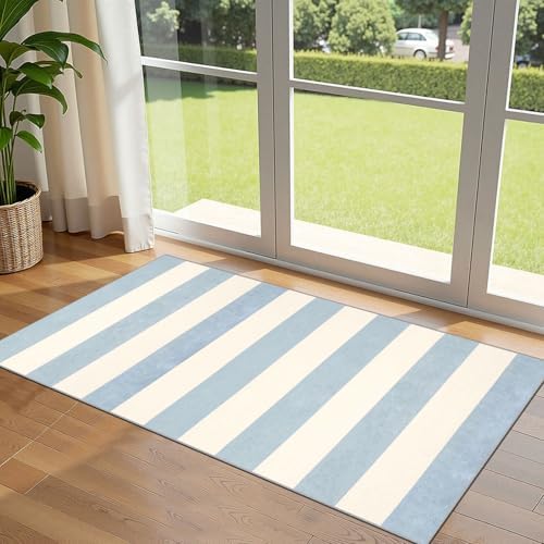 Front Door Mat Indoor Entrance - 2x4.3 Ft Washable Layered Doormat Outdoor Entrance Welcome Mat Front Porch Rug Non-Slip Blue White Striped Runner Rug for Kitchen Bedroom Front Porch Decor by Othilic
