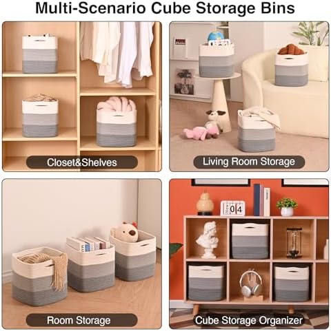 ICERZCZ 11 Inch Cube Storage Bins, Storage Cube Organizer Bins, Woven Cotton Rope Basket for Storage, Storage Baskets for Organizing Shelves, Grey Baskets for Toys, Gradient Grey (Pack of 3) - Image 4