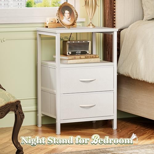 Huuger Night Stand Set of 2, Nightstand with 2 Drawers, Bed Side Table with Open Shelf, Wooden Top, End Table, PU Leather Fabric Drawer Surface, for Bedroom, White - Image 4