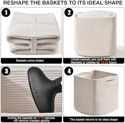 ICERZCZ 11 Inch Cube Storage Bins, Organizer Bins, Woven Cotton Rope Baskets for Storage, Storage Baskets for Organizing Shelves, White Basket for Toys, Off White (Pack of 3) - Image 7
