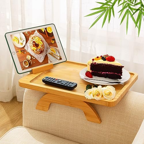 SINWANT Couch Arm Tray Table, Large Space 15.75"x 11.8" Bamboo Couch Armrest Table with 360° Rotating Phone Holder,Foldable Sofa Armrest Tray for Eating Snacks Drinks Remote Books by SINWANT