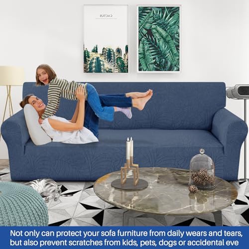 YEMYHOM Couch Cover Latest Jacquard Design High Stretch Extra Large Sofa Covers Pet Dog Cat Proof Oversized Slipcover Non Slip Magic Elastic Furniture Protector (X-Large, Begonia Leaf Navy) - Image 2