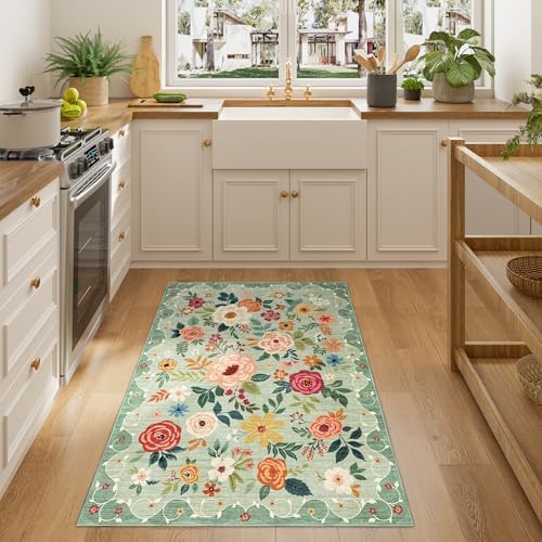 DUKINO 3x4 Area Rug, Floral Washable Rug for Kitchen Non Slip, Green - Image 3