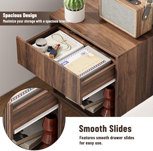 Fluted Nightstands Set of 2, Modern Bedside Table with Storage Drawer and Open Wood Shelf, Wood End Table Mid Century Night Stands for Bedroom Living Room Sofa Couch Office Walnut Brown - Image 5