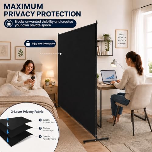Room Divider, 72x72Inch Large Single Panel Privacy Screen with Thickened Fabric,Freestanding Partition Wall for Room Separation,Portable for Indoor Office,Bedroom,Studio Apartment, Black - Image 2