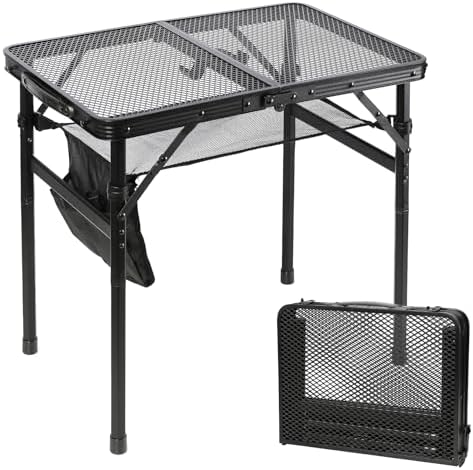 Small Floding Grill Table with Mesh Layer, 2 Height Adjustable, Portable & Lightweight Metal Camping Table for Outdoor, Beach & BBQ - Compact (2 FT, Black) by SKIKEN